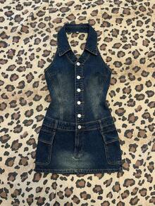 Elamini Women's Single-Breasted Utility Pocket Halter Neck Fitted Denim Dress - Dark Wash - View 7