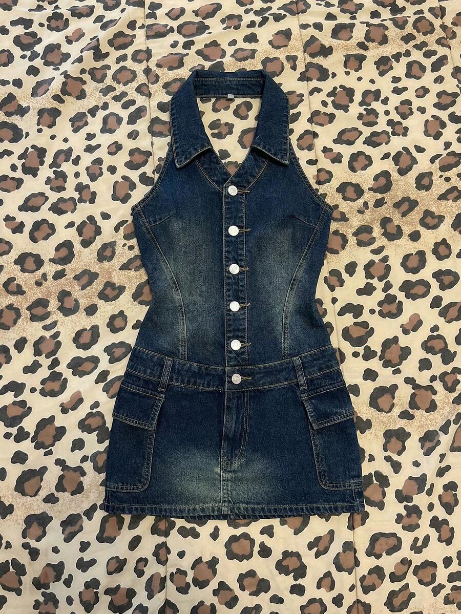 Elamini 女士单排扣实用口袋露背修身牛仔连衣裙 - 深色水洗藍 - 查看 1