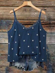 SHEIN VCAY 大码女式雏菊刺绣印花V领荷叶边宽松吊带背心 - 藏蓝色 - 查看 1