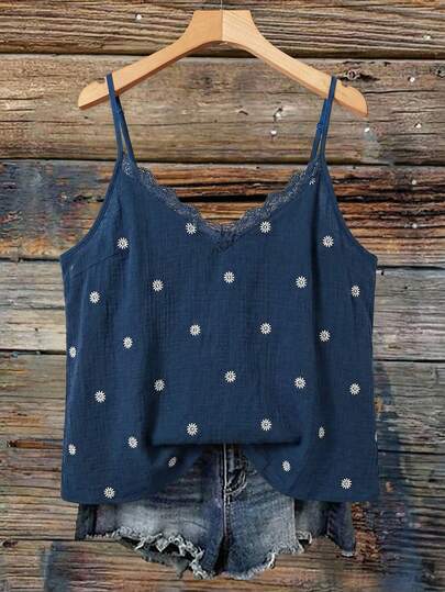 SHEIN VCAY Camiseta holgada con cuello en V, dobladillo con volantes y estampado bordado de margaritas para mujer de talla grande