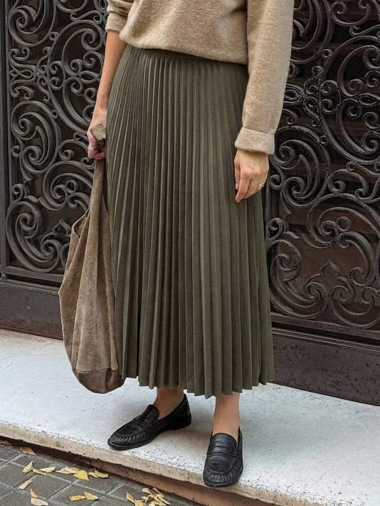 Women's Elegant Side Zipper Solid Color Pleated Skirt, Autumn Business Casual Woman