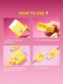 LOONEY TUNES X SHEIN Data Cable Protector, Suitable For IPhone Charger, 4-Piece Set Of Mobile Phone Cable Protectors, Charger Protector (Excluding Data Cable) - Yellow - View 4