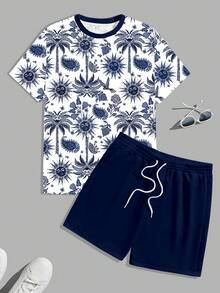 Manfinity RSRT 男士休闲度假印花短袖T恤套装 - 彩色 - 查看 6