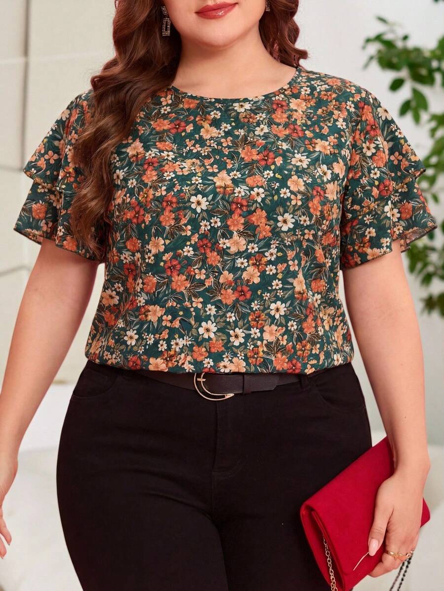 Reflora 大码女式夏季休闲度假印花层叠荷叶袖宽松衬衫