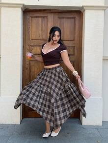 SHEIN EZwear 大码复古休闲格子不对称下摆半身裙，秋季 - 彩色 - 查看 1
