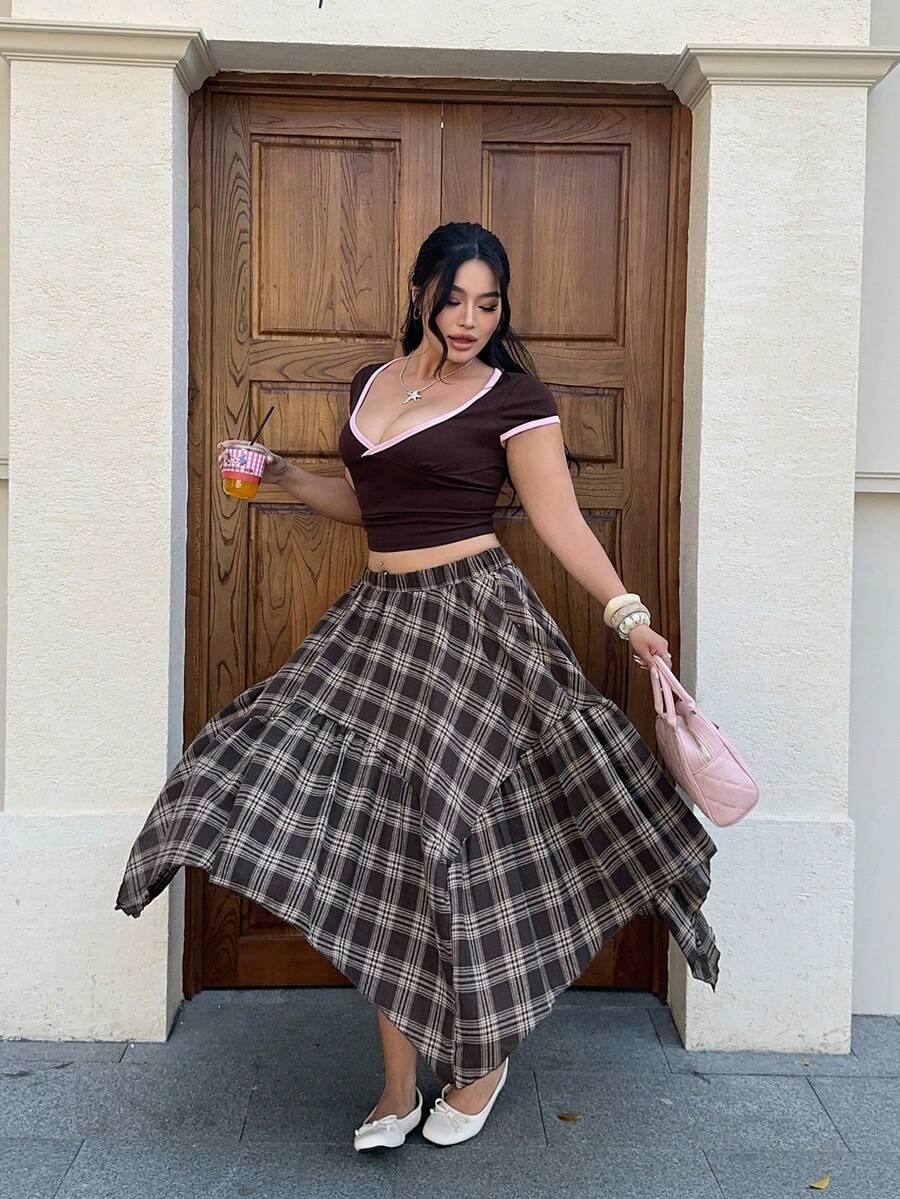 SHEIN EZwear 大码复古休闲格子不对称下摆半身裙，秋季 - 彩色 - 查看 1