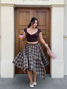 SHEIN EZwear 大码复古休闲格子不对称下摆半身裙，秋季 - 彩色 - 查看 4