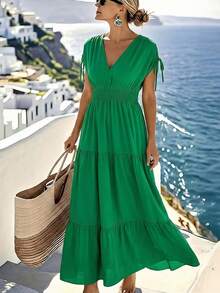 Louniche Women's Solid Color V-Neck Ruched Waist Elegant Midi Dress, Suitable For Dates And Parties - Green - View 1