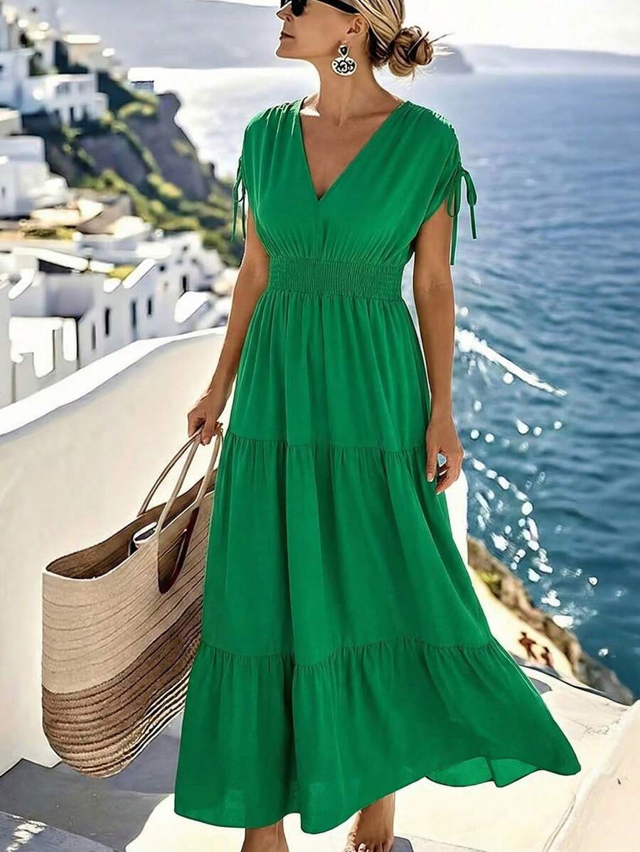 Louniche Women's Solid Color V-Neck Ruched Waist Elegant Midi Dress, Suitable For Dates And Parties - Green - View 1