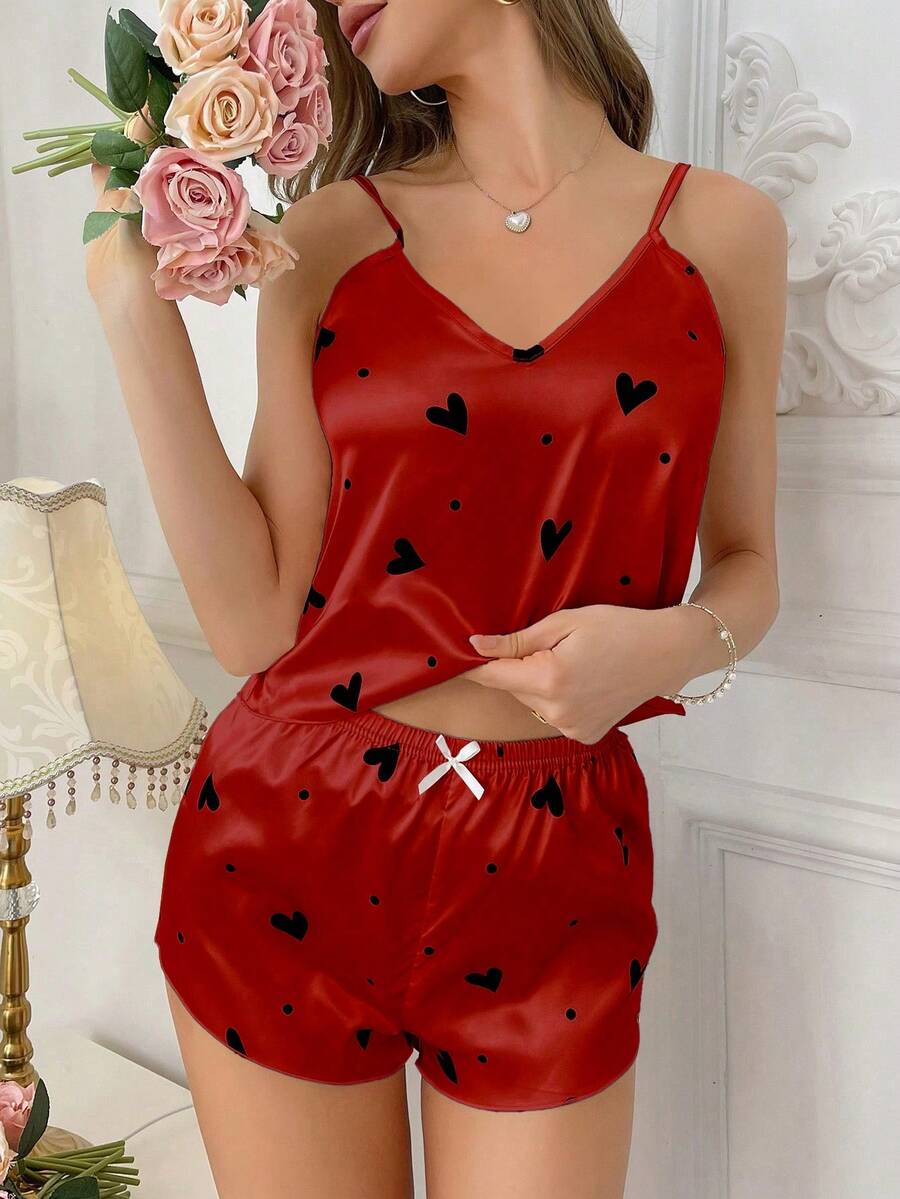 LuxeNights Women's Heart Print Faux Silk Camisole And Shorts Pajama Set - Red - View 1