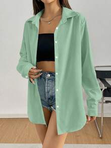 SHEIN Unity Women's Solid Color Front Button Casual Long Sleeve Shirt , Casual Spring Summer Fall - Green - View 6
