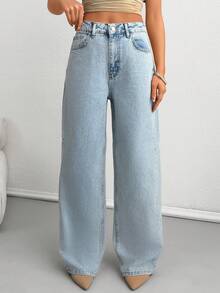 Women Washed Detail High Waist Wide Leg Denim Jeans - Light Wash - View 6