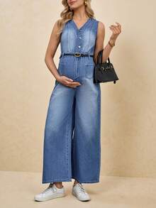 SHEIN Maternity V-Neck Sleeveless Front Button Casual Loose Denim Jumpsuit, Summer Spring To Summer Carnival Costume Commuting Vacation Graduation Chic Y2k Cute Streetwear Party Wedding Elegant Business Casual Woman Women's V Neck Sleeveless Denim Wide Leg Jumpsuit With Button Details - Blue - View 7