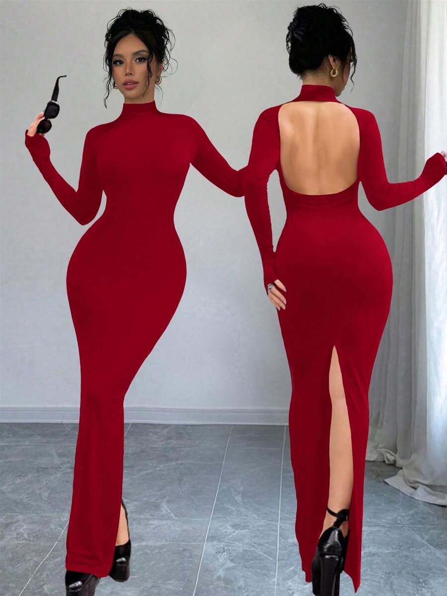 Women's Sexy Solid Color Open Back Dress, Autumn - Red - View 1