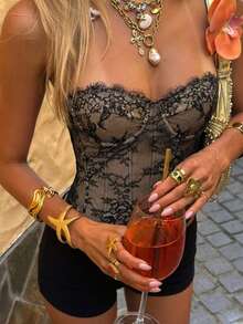 Aloruh Women's Lace Bralette Sexy Fitted Bandeau Top - Black - View 1