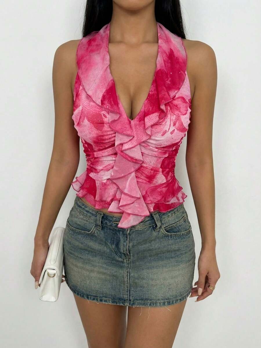 Glamine 女士渐变扎染露背吊带衫（紫红色）| 3D荷叶边褶皱设计深V领无袖上衣 | Y2K修身露腰短款系带露背上衣 | 夏季度假、通勤和约会之夜的百搭内搭 - 粉色 - 查看 1