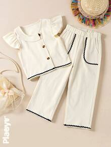 2pcs Set Blouse Top & Pants, Collar Ruffle Cap Sleeve Top And Versatile Casual Pants, Spring/Summer Fabric, Multi-Occasion Wear - Apricot - View 1