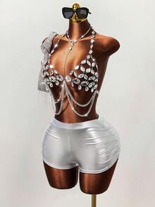 Mistrie 女士水钻音乐节背心，女士吊带音乐节背心，女士镂空性感背心 - 銀色 - 查看 3