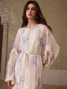 MOTF PREMIUM 春夏新款紫色粉色花卉印花长袖圆领宽松荷叶边下摆优雅浪漫飘逸度假风长连衣裙 - 紫色 - 查看 4