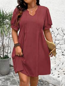 Breezaya Plus Size Casual Solid Color Petal Sleeve Dress - Red - View 5