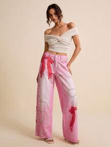 LOTSLUV Women's Pink Diamond Necklace & Butterfly Print Denim Pants, Spring/Summer - Pink - View 1