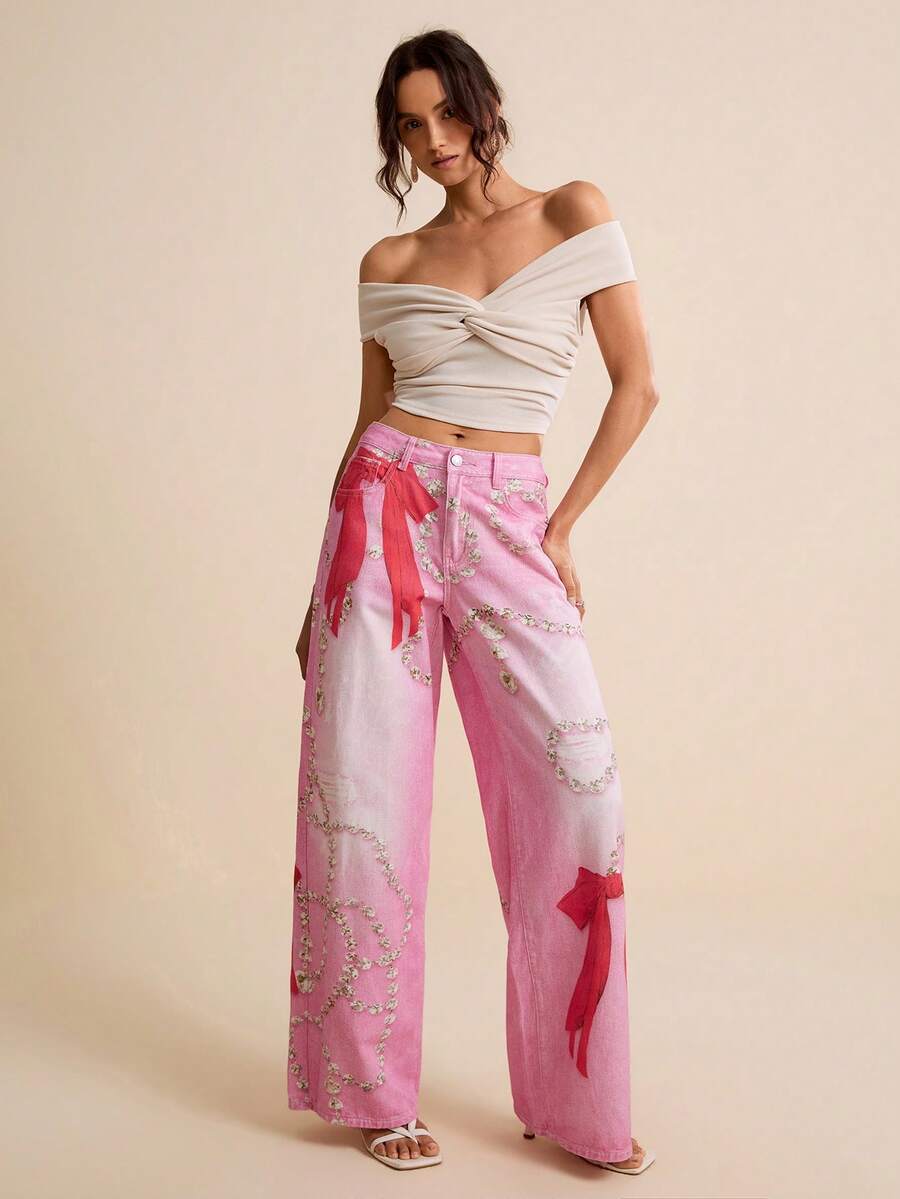 LOTSLUV Women's Pink Diamond Necklace & Butterfly Print Denim Pants, Spring/Summer - Pink - View 1