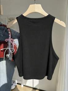 Comfortcana Plus Size Casual Slogan Print Sleeveless Round Neck Tank Top, Spring/Summer - Black - View 2