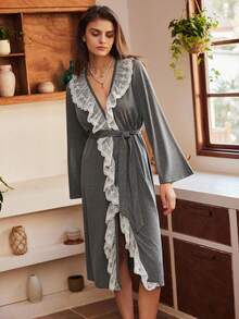 Lullawish Bohemian Style Lace Patchwork Knit Fabric Contrast Color Mid-Length Women Robe Long Sleeve Nightgown Momo Dress Night Gown Sleepwear Dress Nightgown And Robe Set Lingerie Robe Set Ruffle Robe Women's Robe Gowns Sleepwear For Women Lounge Wear Dress Women's Spring Dress Robes For Women Lounge Robe Ruffle Lounge Dress Women's Robe Gown Sleepwear For Women Pajama Dress For Women - Grey - View 3