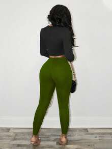 BamGleam Quần skinny nữ dáng ôm gợi cảm mới mùa thu, họa tiết dây xích kim loại rách. - xanh quân đội - Xem 2