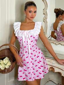 SHEIN Women's Elegant Pink Plaid Ruffle Collar Low Neck A-Line Mini Dress, Summer - Multicolor - View 1