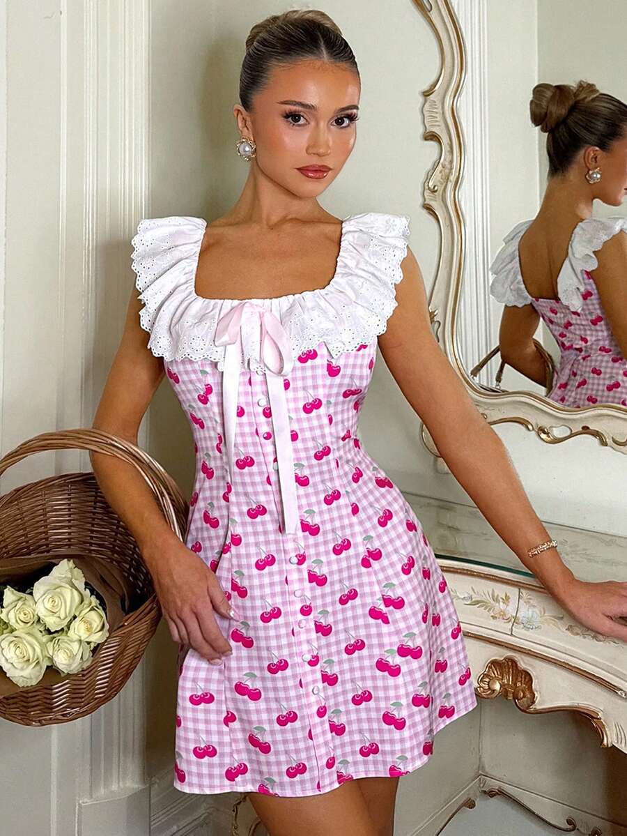 SHEIN Women's Elegant Pink Plaid Ruffle Collar Low Neck A-Line Mini Dress, Summer - Multicolor - View 1