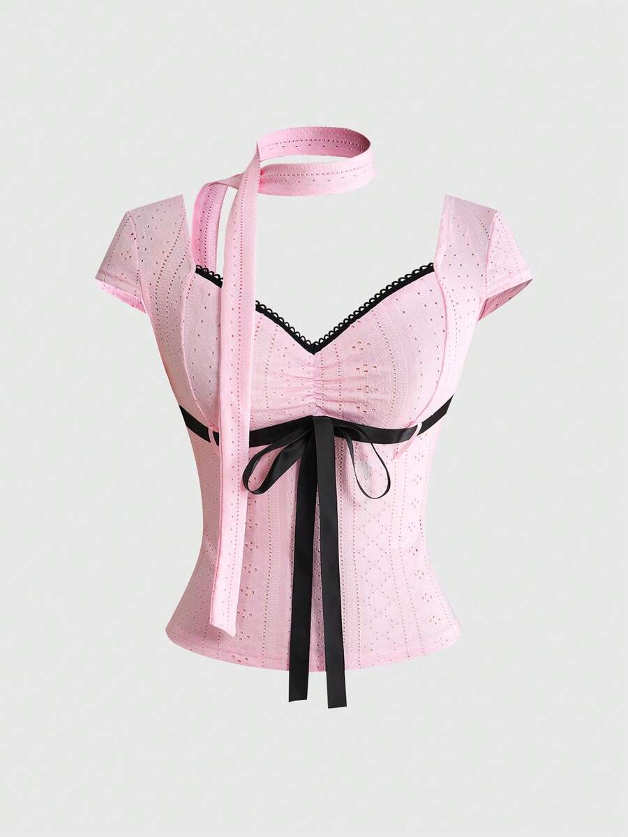 ROMWE J-Fashion Y2K風格甜美圍巾蝴蝶結女裝T恤 - 粉色 - 查看 1