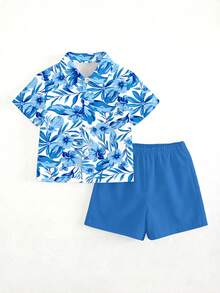 男童休闲时尚，酷炫风格，假日风格，沙滩，海边，运动风格，热带植物印花，宽松舒适的短袖衬衫和短裤套装 - 彩色 - 查看 2