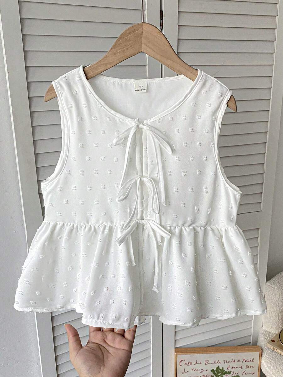 SHEIN Tween Girls' Casual Everyday Vacation Textured Bow Front Blouse,Kids - White - View 1