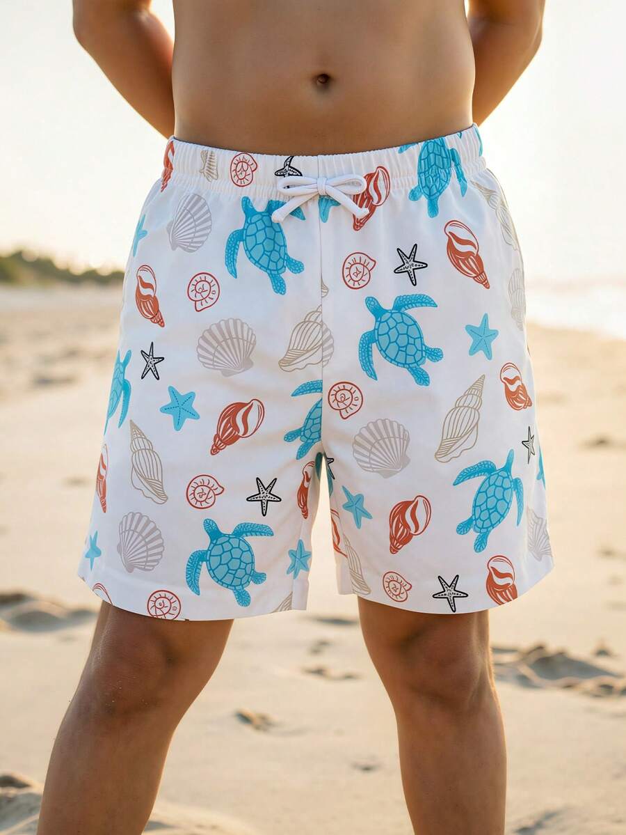 SHEIN Bubblio Young Boy Casual Loose Fashionable Cute Ocean Pattern Print Swim Trunks, Suitable For Summer - Multicolor - View 1
