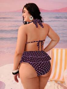 Swim Mod 大码女式两件套黑色波点印花吊带系带性感沙滩度假比基尼泳装 - 紫色 - 查看 2