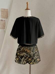 Slaydiva 两件套女士休闲印花圆领短袖上衣和短裤套装 - 彩色 - 查看 4