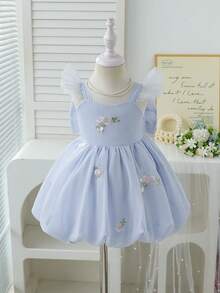 SHEIN Baby Girls' Light Blue Floral Summer Elegant Wedding Guest Ruffle Strap Puff A-Line Dress 3D Bow Back Lantern Skirt For Gathering & Celebrations - Blue - View 2