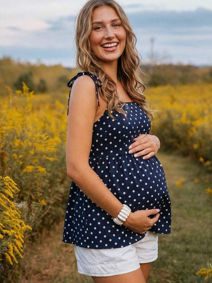 Boho Mama Maternity Summer Casual Vacation Polka Dot Print Camisole - Navy Blue - View 1