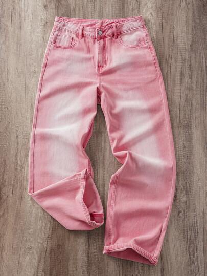 Manfinity Joysei Men's Pink Denim Wide Leg Jeans With Zipper Detail For Street Casual Style Pink Jeans Men Baggy Jeans Y2k Harajuku Pants Unisex Washed OVERSIZE Corduroy Jeans Pink Stacked Jeans