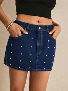 Poéselle Chân váy denim tối màu thanh lịch, đa năng dành cho nữ, đính ngọc trai, thích hợp cho các buổi hẹn hò. - Màu xanh lam - Xem 4