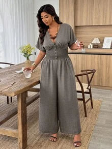 SHEIN LUNE Plus Size Women's Shirred Batwing Sleeve Jumpsuit With Buckle Waist Closure, Casual - Army Green - View 4