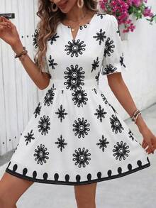 Breezaya Women's Elegant Summer Retro Floral Print Short Dress,Black And White Boho Petal Sleeve A-Line Waist Cinched V Neck Holiday Tea Party French Outfits - Black and White - View 8