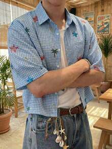 SWAVVY Men's Plaid & Cartoon Print Button-Front Short Sleeve Shirt - Blue - View 1