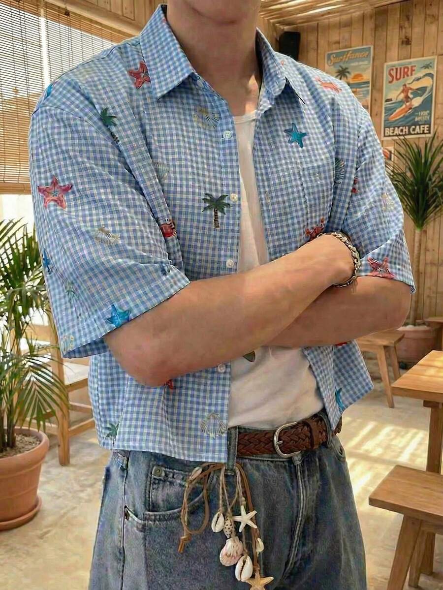 SWAVVY Men's Plaid & Cartoon Print Button-Front Short Sleeve Shirt - Blue - View 1