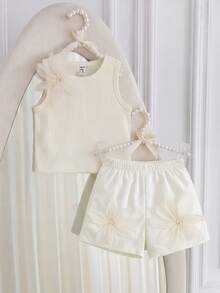 SHEIN Baby Girl Summer Ladylike Applique Vest And Shorts Set - Beige - View 1