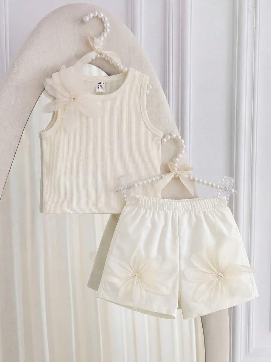 SHEIN Baby Girl Summer Ladylike Applique Vest And Shorts Set - Beige - View 1