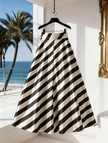 Franclia Striped High Waist Pleated Skirt, Fresh Summer, Vacation, Versatile, Daily, Commute - Apricot - View 2