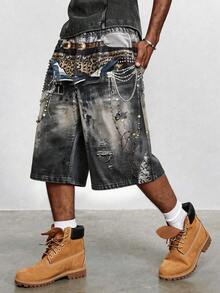 ROMWE MEN Street Life Men's Digital Print Faux Multi-Waistband Denim Shorts - Blue - View 15