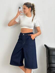 SHEIN Low Waist Dark Blue Raw Wash Casual Style Button Front Patch Detailed Denim Short - Dark Wash - View 5